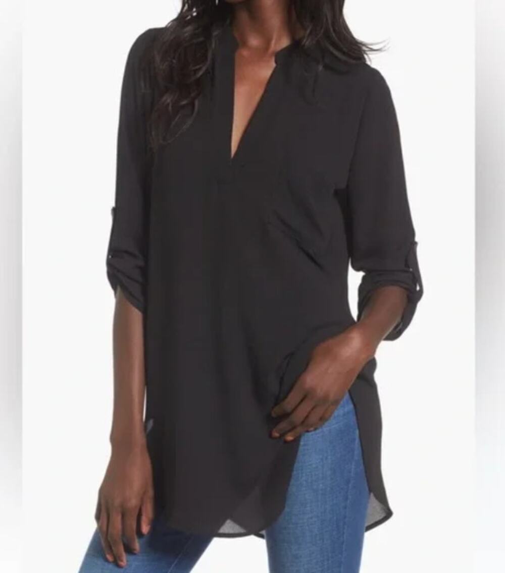 All in Favor Size Small Black Blouse Top Roll Tab Sleeve V Neck Career Round Hem